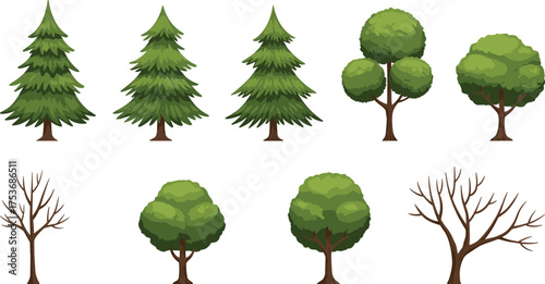 Tree illustrations, seasonal foliage icons, coniferous and deciduous trees, bare branches, landscape design elements, vector nature symbols, top view