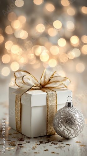 Holiday Gift Box With Silver Ornament and Bokeh Background of Festive Lights