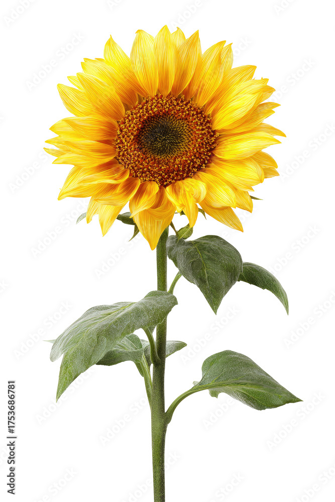 Obraz premium Vibrant sunflower, close-up view, against a black background. Yellow petals, dark center, green leaves, long stem. Detailed illustration