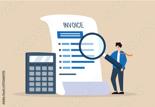 Flat illustration of businessman holds magnifying glass on invoice document managing total amounts and finance calculations