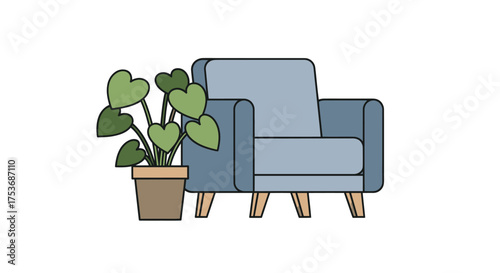 A flat line art illustration of a cozy blue armchair next to a potted houseplant.