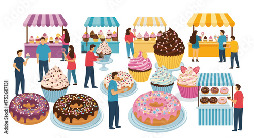 Diverse Assortment of Sweet Treats and People at a Lively Outdoor Market.