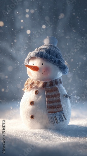 Charming Snowman Wearing a Hat and Scarf in Snowfall During Winter Season