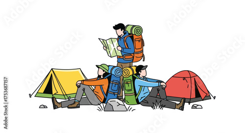 Group of Campers Relaxing Near Tents Reading Map Outdoors.