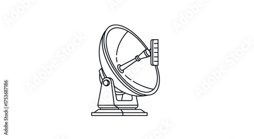 Detailed Line Drawing of a Satellite Dish Antenna on a Mount.