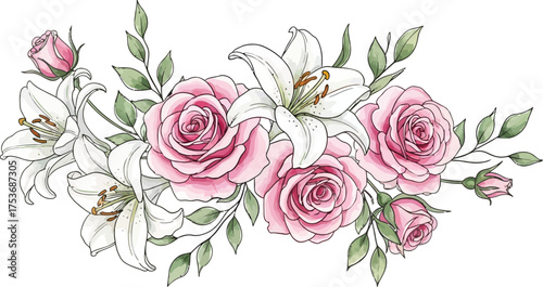 Vector art of watercolor pink rose and white lily floral arrangement
