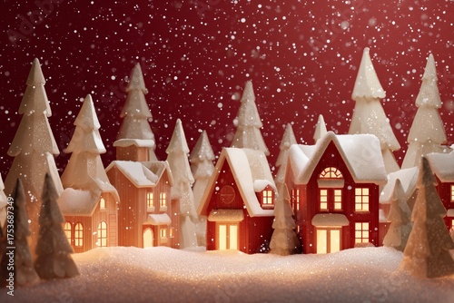 Winter Village Scene With Snow-Covered Houses and Frosty Trees During a Calm ...