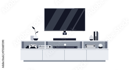 Modern Entertainment Center with Television and Console.