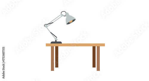 A modern silver articulated desk lamp with a swing arm on a wooden table.