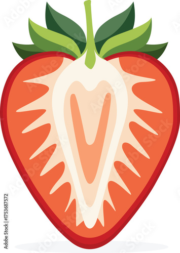 A vibrant illustration of a halved strawberry, revealing its juicy interior and green leafy top.