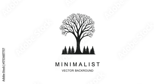 Minimalist Silhouette of a Bare Tree with Evergreen Saplings.