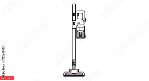 A simple black and white line art illustration of a modern cordless stick vacuum cleaner.