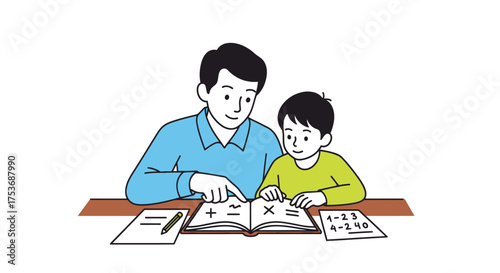 Father and son studying mathematics together at a desk.