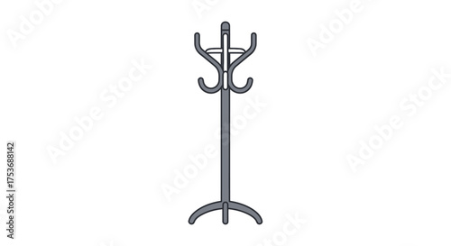 Greyscale line art illustration of a classic freestanding coat and hat rack stand.