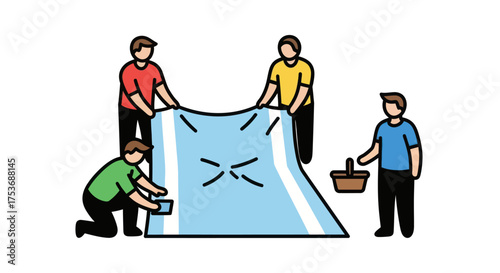 People Spreading a Picnic Blanket Preparing for an Outdoor Meal with a Basket.