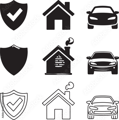 Set of Nine Detailed Insurance Icons on White Background collection symbol