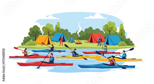 Cartoon Illustration of People Kayaking on a River with a Campsite.