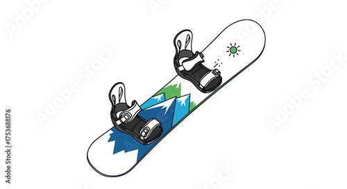 Illustrated Snowboard with Bindings and Mountain Graphic Design.