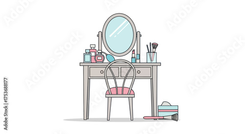 A charming illustrated dressing table with an oval mirror pink chair and various cosmetic products.
