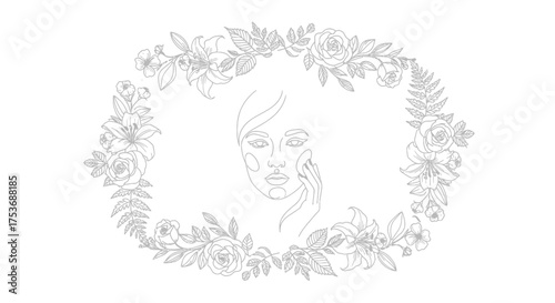 Elegant Line Art Portrait of Woman Surrounded by Floral Wreath.