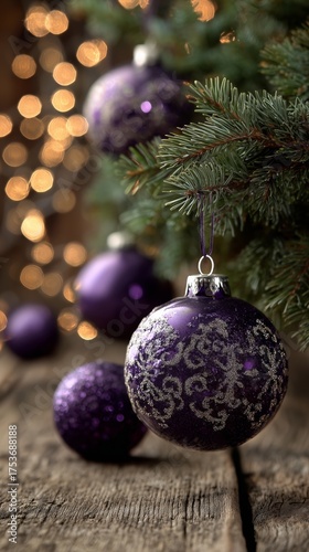 Purple Christmas Ornaments Hang on a Tree While Warm Lights Glow in the Backg...