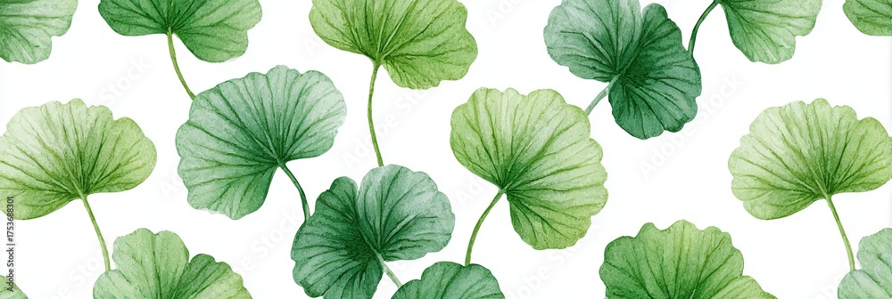 Fototapeta premium Seamless botanical pattern featuring centella leaves in various shades of green, showcasing intricate textures and natural beauty, perfect for design projects and backgrounds