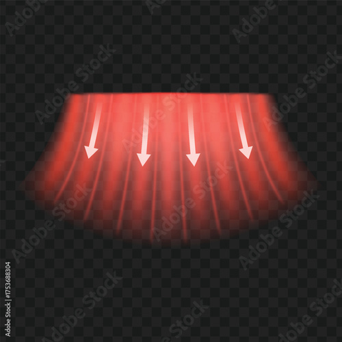 Hot air flow, red gradient arrows showing wind direction of air movement, vector warm stream motion from an air heater