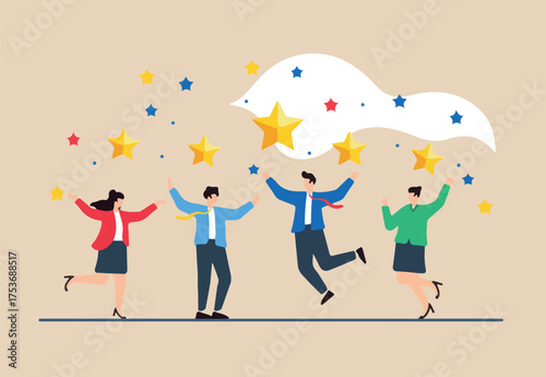 Flat illustration of professionals catching falling stars, symbolizing capturing business opportunities