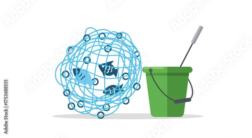 Globe Encapsulating Fish with Bucket and Net Representing Overfishing Concept.