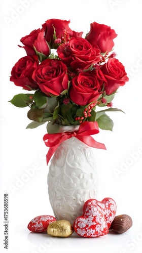 Beautiful Red Roses in a White Vase With Heart-Shaped Chocolates for a Romant...