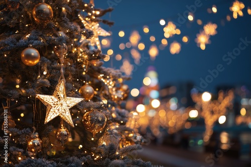 Sparkling Christmas Tree Decorated With Lights and Ornaments in a Festive Cit...