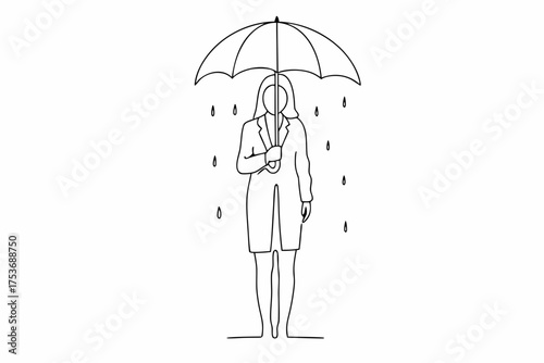 Businesswoman under umbrella in the rain minimalist line art drawing