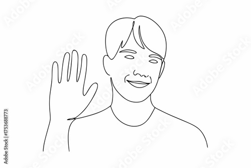 Continuous line art of a smiling man waving hello isolated drawing