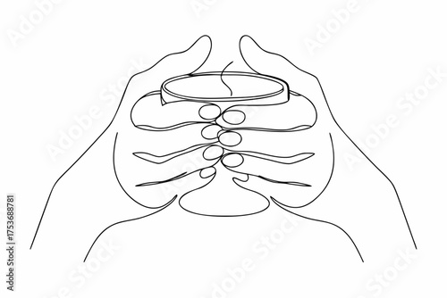 Continuous line art of hands holding a warm coffee mug illustration