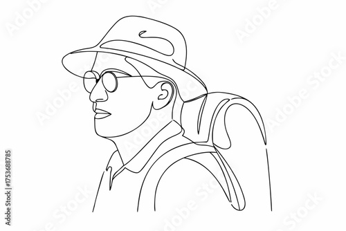 Continuous Line Art Portrait of a Traveler with Hat and Backpack