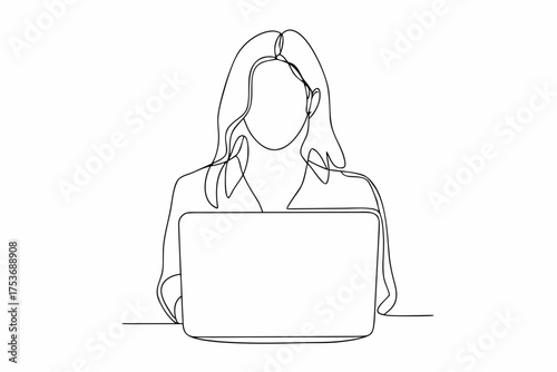 Continuous line drawing of woman working on laptop minimalism style