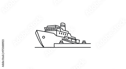 Stylized Line Art Illustration of a Large Ship Docked at a Pier.