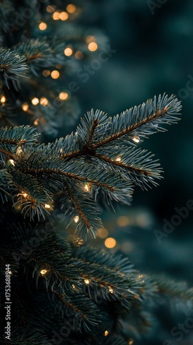 Festive Christmas Tree Adorned With Glowing Lights Against a Dark Green Backg...