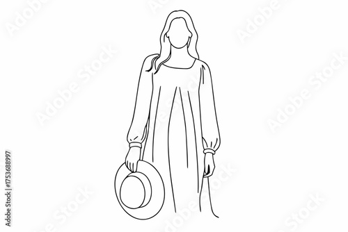 Elegant woman in dress holding hat simple line art illustration