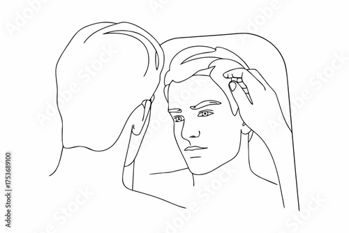 Man looking in mirror fixing his hair in minimal line art