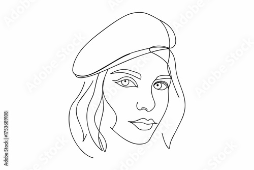 Minimalist continuous line drawing of a woman wearing beret hat