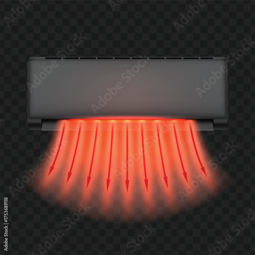 Gray air conditioner with red airflow arrows, heat wave circulation.