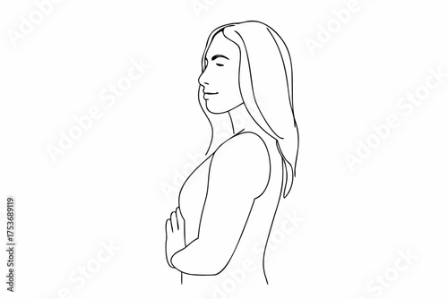 Minimalist illustration of a serene woman with hands clasped in meditation