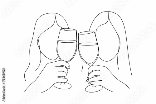 Minimalist drawing of two women toasting with wine glasses vector