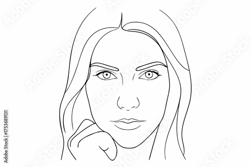 Minimalist line art drawing of a beautiful young woman portrait