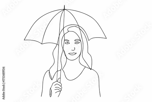 Minimalist line art drawing of a woman with umbrella for protection