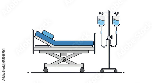 Hospital bed with IV drip stand and fluid bags.