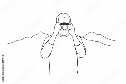Minimalist Line Art of Photographer Taking Pictures of Mountain Landscape