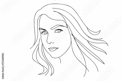 Minimalist line art portrait of a beautiful woman with flowing hair