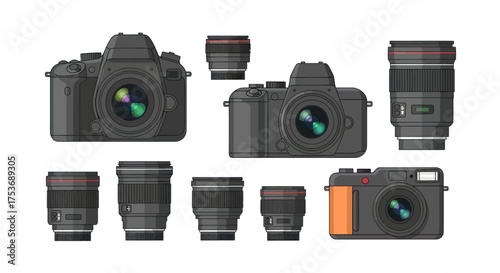 Collection of Digital Cameras and Lenses Black Color Photography Equipment.